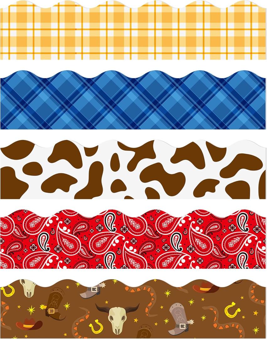 BeYumi 80Pcs Western Themed Bulletin Board Borders Western Cowboy Bandana Plaid Scalloped Border Trim Decoration Wild West Themed Back to School Classroom Chalkboard Party Elementary Preschool Decor