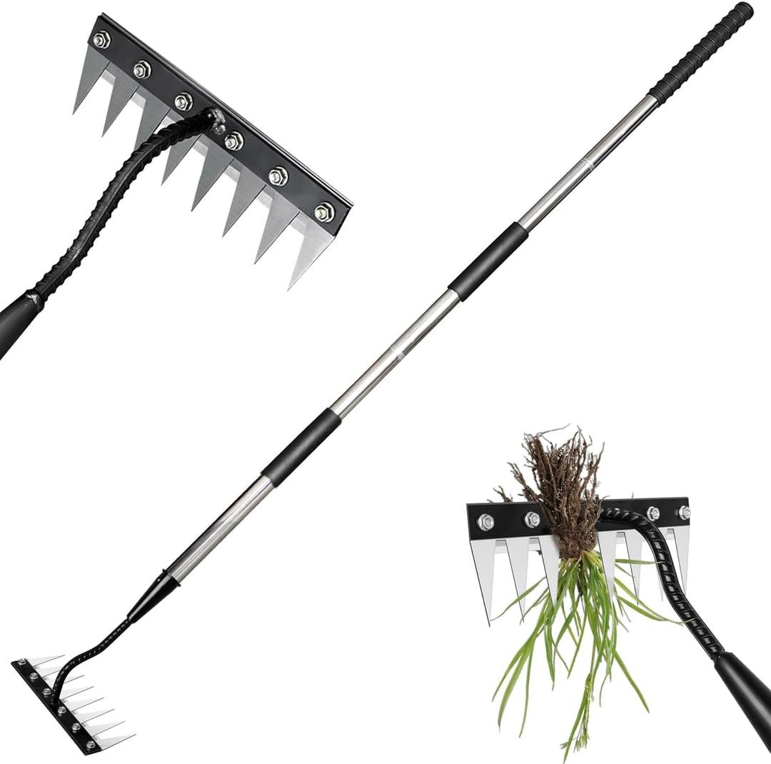 Garden Weeding Rake, Iron Weed Rake with Long Handle(27" - 60"), Heavy Duty 8 Teeth Manganese Steel Iron Weeding Rakes for Weeding, Yard, Farm...