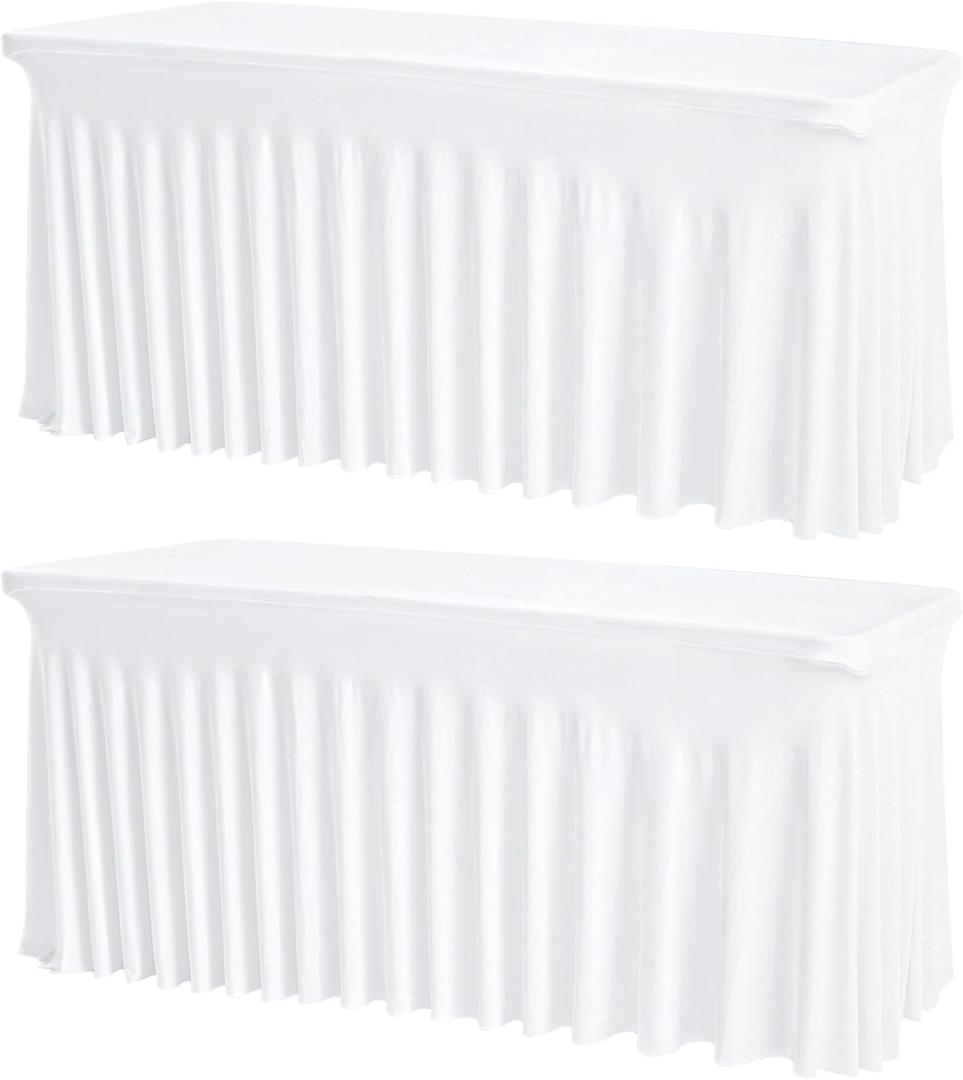 2 Pack White Rectangle Tablecloths, Washable Stretch Fitted Spandex Table Covers for 6FT Tables, Wrinkle-Free & Reusable Table Cloths,Ideal for Parties, Banquets, Wedding, Buffet,Events