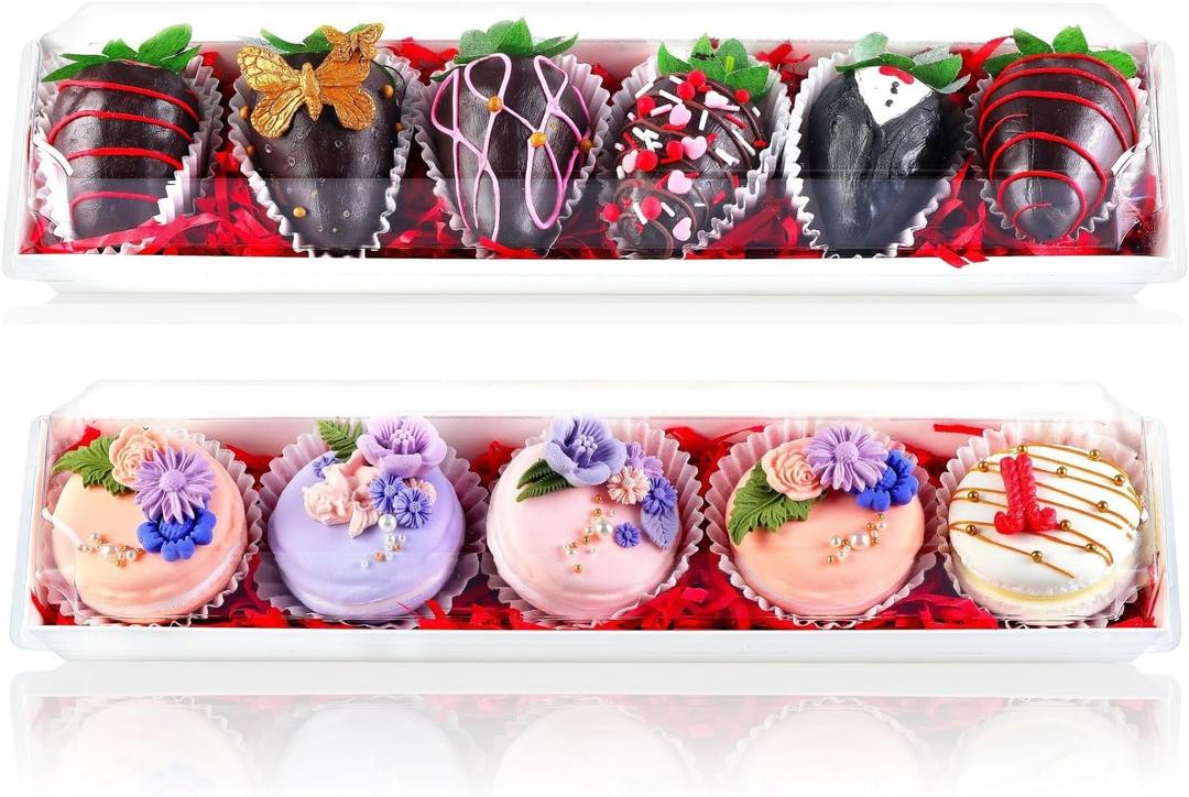 25 Pack 12 x 2.8 x 2.4 Inches Strawberry Boxes with Clear Lids,Long Macaron Boxes Gift Boxes For Cookies,Truffle,Cocoa Bombs,Chocolate (White)