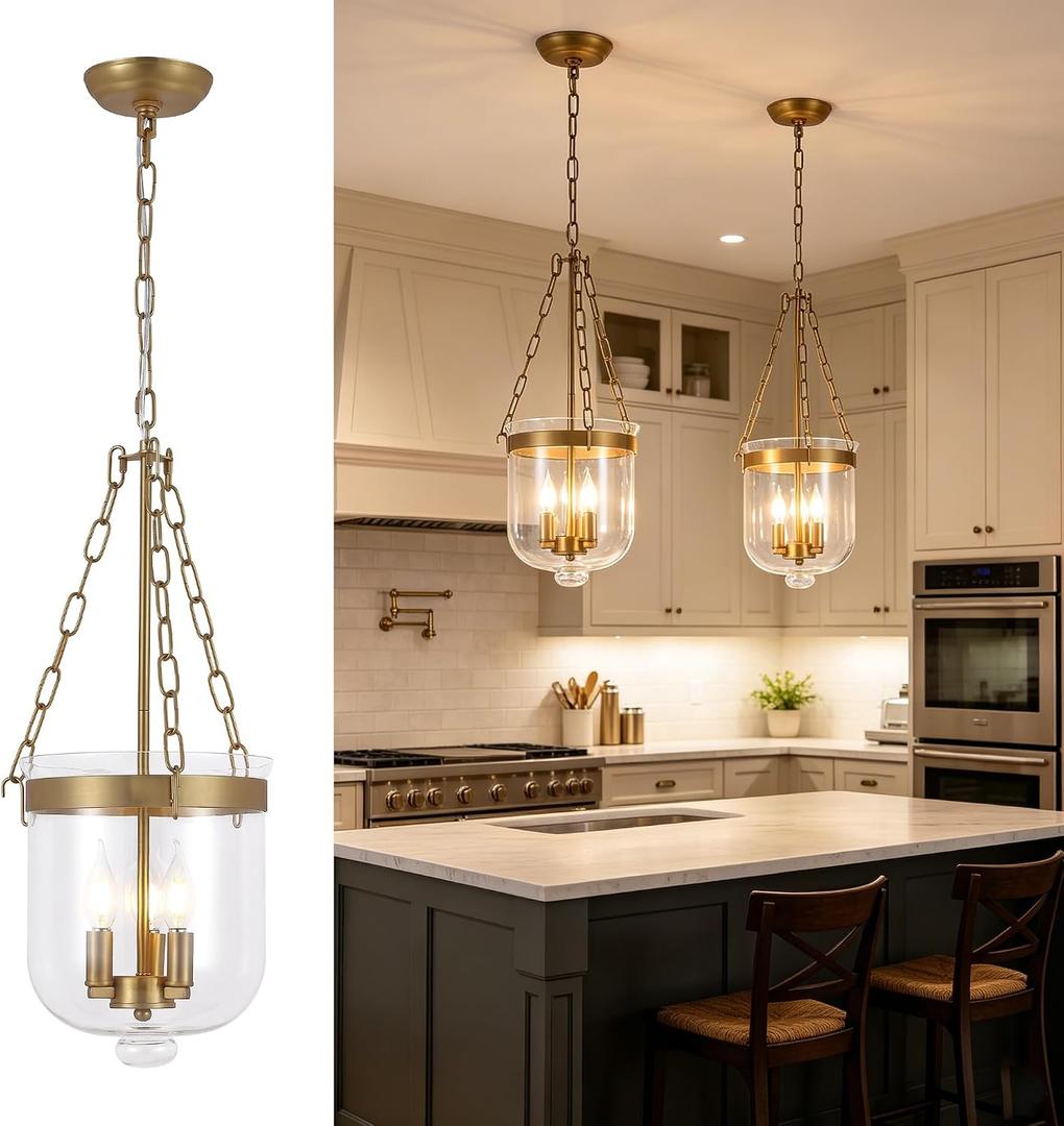 BYOLIIMA Glass Pendant Light 3-Lights Modern Farmhouse Candle Chandelier with Clear Glass Shade Adjustable Chain Ceiling Hanging Light Fixture for Kitchen Island Dining Room Living Room Foyer Bedroom