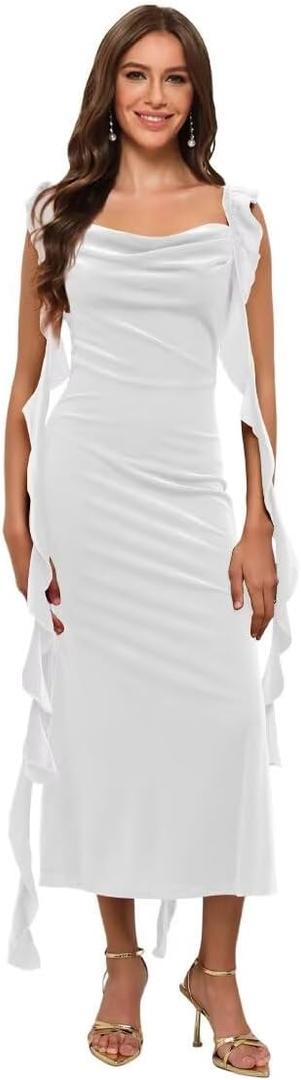 YOFF Spaghetti Straps Velvet Bridesmaid Dress for Women Ruffles Long Mermaid Maxi Formal Dresses YO291 (8, White)