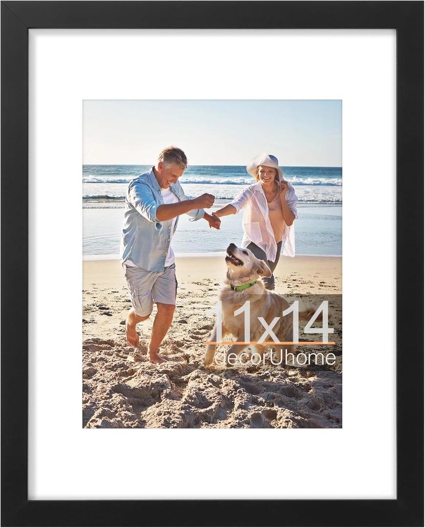 decorUhome 11x14 Picture Frame, Display Photos 8x10 with Mat or 11x14 Unmatted, Engineered Wood Frame with Plexiglass for Wall and Tabletop Display, Black, Set of 1