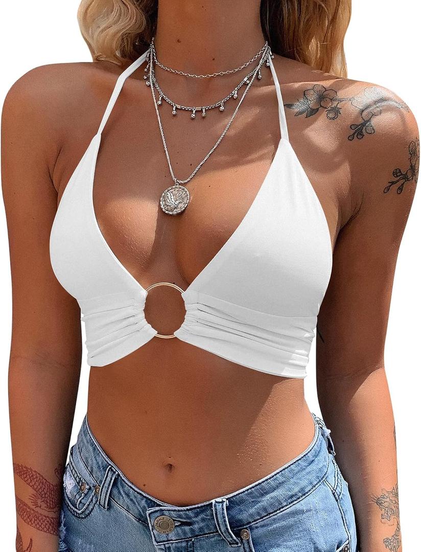 Mizoci Women's Sexy Summer Sleeveless Halter Deep V Neck Crop Top Tie Up Backless Cami (Large, White)