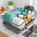 Sakugi Stainless Steel Dish Drying Rack for Kitchen Counter, Sink Organization and Storage Essentials with Silverware & Utensil Holder, Home and Apartment Decor, 12''W x 15.6''L, Gray