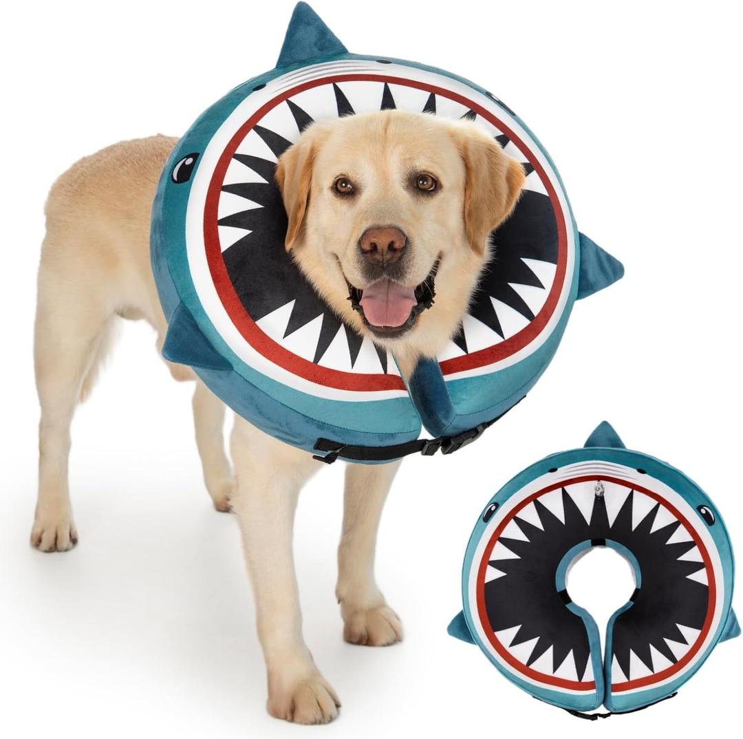 Dog Cone Inflatable Widen Dog Neck Donut Collar, Soft Cone Alternative After Surgery for Large Medium Small Dogs to Stop Licking (Blue Shark, Large)
