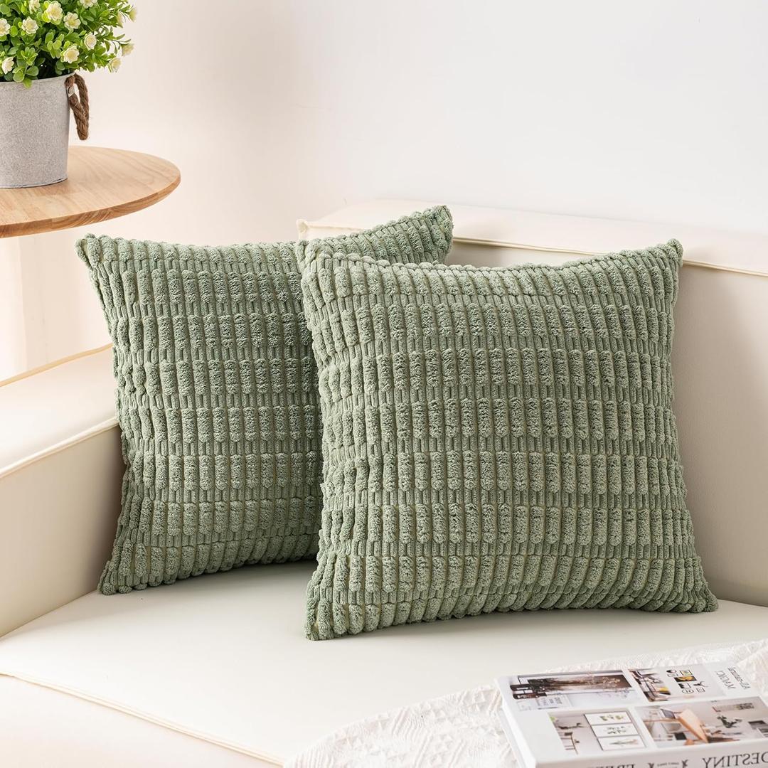 Pack of 2 Corduroy Decorative Throw Pillow Covers 24x24 InchSoft Striped Pillow Covers Modern Farmhouse Home Decor for Sofa Living Room Couch Bed, Sage Green