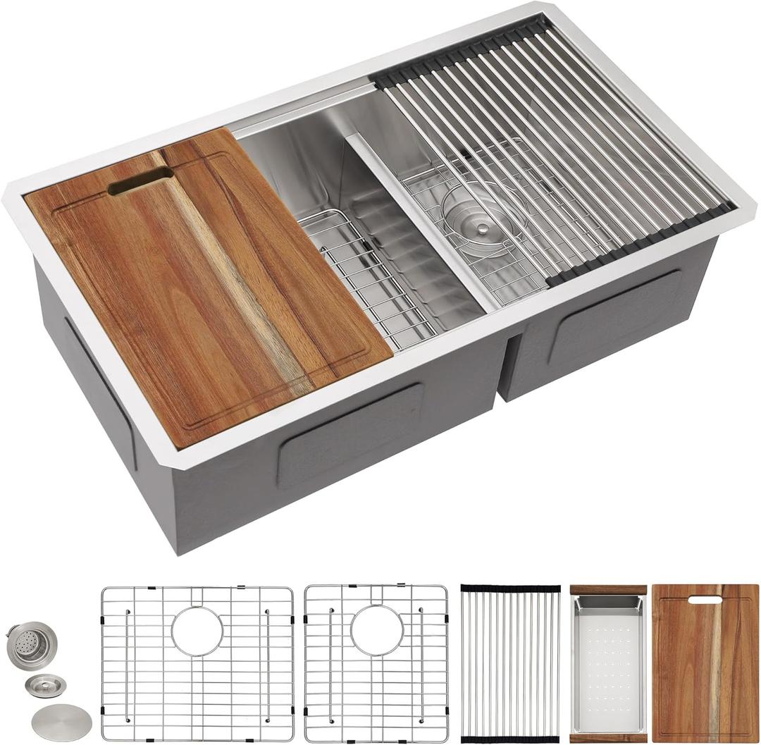 33 Undermount Kitchen Sink Double Bowl - Fulorni 33x19 Inch Kitchen Sink Ledge Workstation Low Divide Double Bowl 60/40 Split 16 Gauge 304 Stainless Steel Under Counter Basin