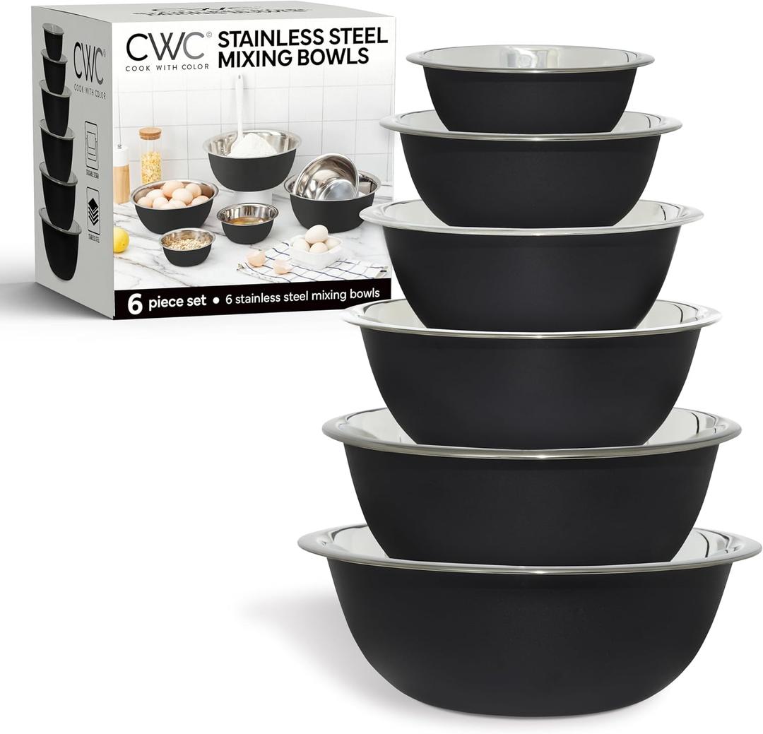 COOK WITH COLOR Stainless Steel Mixing Bowls Set - Nesting Bowls, 6 Pieces, Black