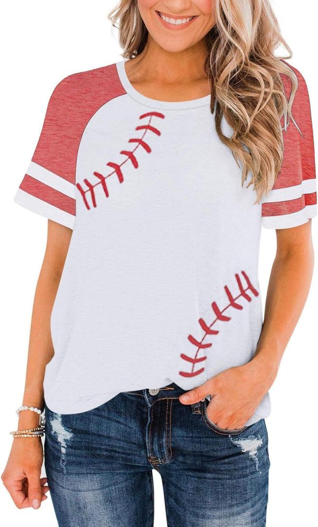 Womens Baseball Mom Tee Summer Short Sleeve Crewneck Baseball Print Patchwork Raglan Tops (White, L)