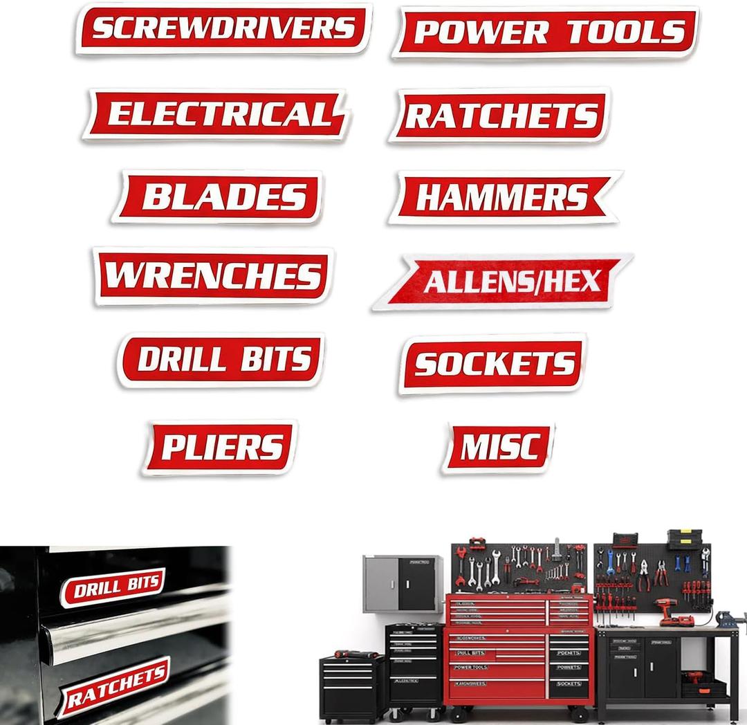 12 Pack of Magnetic Toolbox Labels, 3D Printed Toolbox Drawer Tags Magnetic Tool Box Labels, Easy to Read Printing, Quick Identifying Tool Box Drawers (Red)