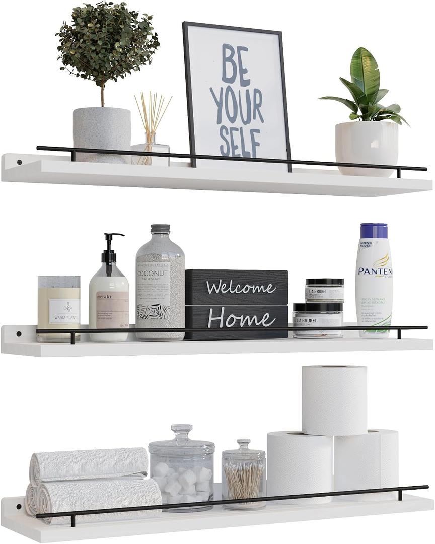 WOPITUES Floating Shelves 24 inch with Gold Metal Guardrail, Shelves for Wall Decor Set of 3, Wall Shelves for Bedroom, Bathroom, Kitchen, Living Room, Plants, Picture Frames, Art- Black and White, 23.6 inch