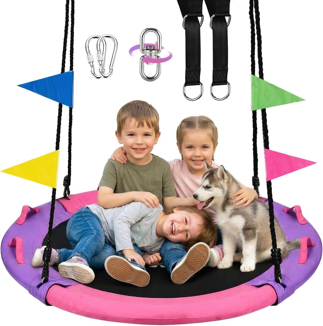 HeyZoo 43 Inch Tree Swing, 900lbs Weight Capacity Saucer Swing Sets for Kids & Adults, with 360 Degree Swivel and Adjustable Hanging Strap, Pink and Purple