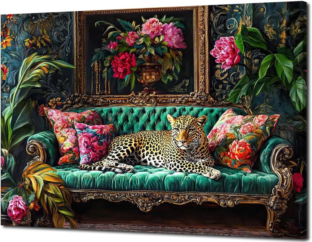 Cheetah Lying On Vintage Sofa Canvas Wall Art Eclectic Leopard Wall Decor Pictures Dopamine Animal Portrait Poster Prints for Living Room Home Bedroom Home Decoration 24x36in Ready to Hang