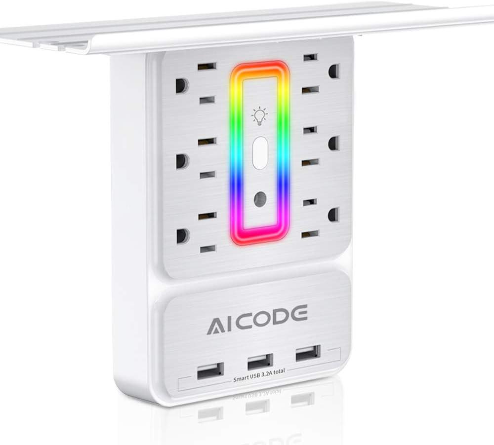Socket Outlet Shelf,Wall Outlet Surge Protector,6 Electrical Outlet Splitter with 3 USB Outlet,Multi Plug Outlet,Charging Shelf,Outlet Expander with 6 Nightlight for Home
