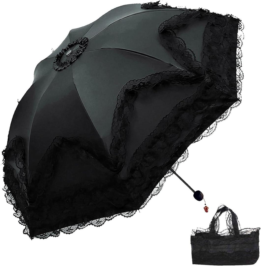 Vintage Lace Parasol Gothic Lolita Umbrella UV Sun Protection Witch Cosplay Photoshoot Props Party Decoration (Black2)