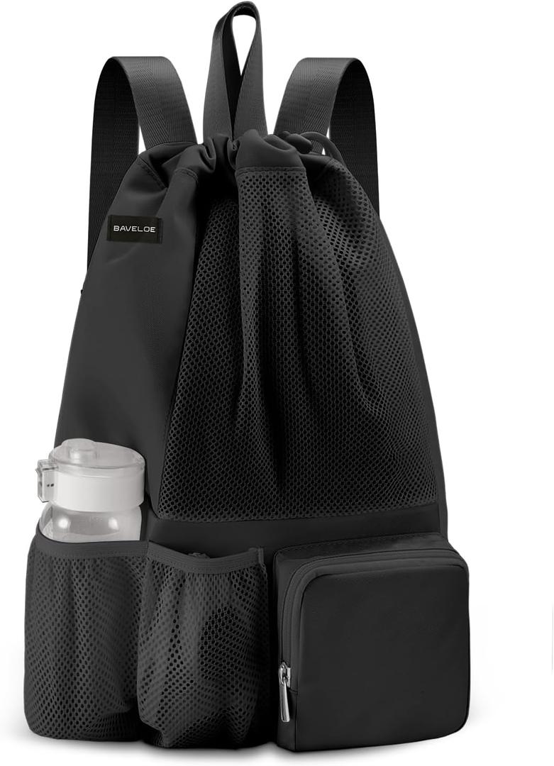 Swim Bag with Wet Pocket, Mesh Drawstring Backpack for Beach, Swimming, Snorkeling, Pool, Gym for Women Men (Black)