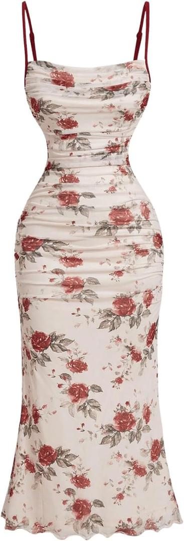 Verdusa Women's Floral Mesh Ruched Sleeveless Cami Dress Fishtail Bodycon Long Dresses (M)