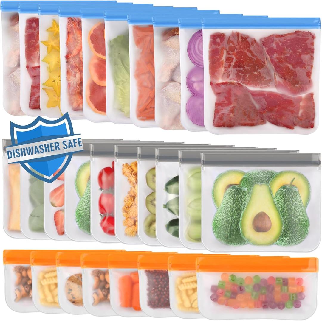 Lerine 28 Pack Dishwasher Safe Reusable Freezer Bags Silicone, Extra Thick Leakproof Reusable Food Storage Bags, BPA Free Kitchen Storage for Veggies Food Travel - 10 Gallon 10 Sandwich 8 Snack (Multicolor)