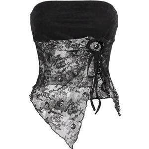 Verdusa Women's Summer Floral Lace Sheer Date Night Tops Bow Tie Slit Going Out Tube Top (Black, S)