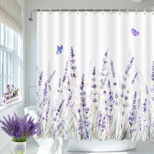 MEHOFOND Lavender Shower Curtain Purple Floral Butterfly Shower Curtain for Bathroom Spring Lavender Wildflowers Plant Leaves Bathtub Decor Fabric Waterproof Washable Bath Curtain 72x72 Inch