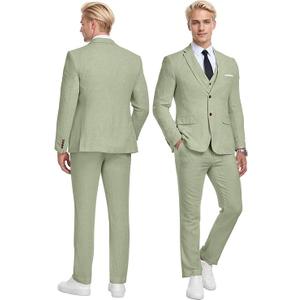 Wehilion Retro Linen Men 2 Pieces Suit Beach Wedding Suit Summer Slim Fit  Light Weight Linen Suit Jacket and 1 Vest Pant Tuxedo, M-LG, Light Green