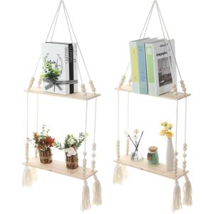 Chunful 2 Pack Macrame Wall Hanging Shelf 2-Tier Boho Wooden Display Floating Shelf Wooden Rustic Plant Rope Hanger Rack with Beads and Tassel for Wall Decor Bedroom Dorm Nursery Living Room Bathroom