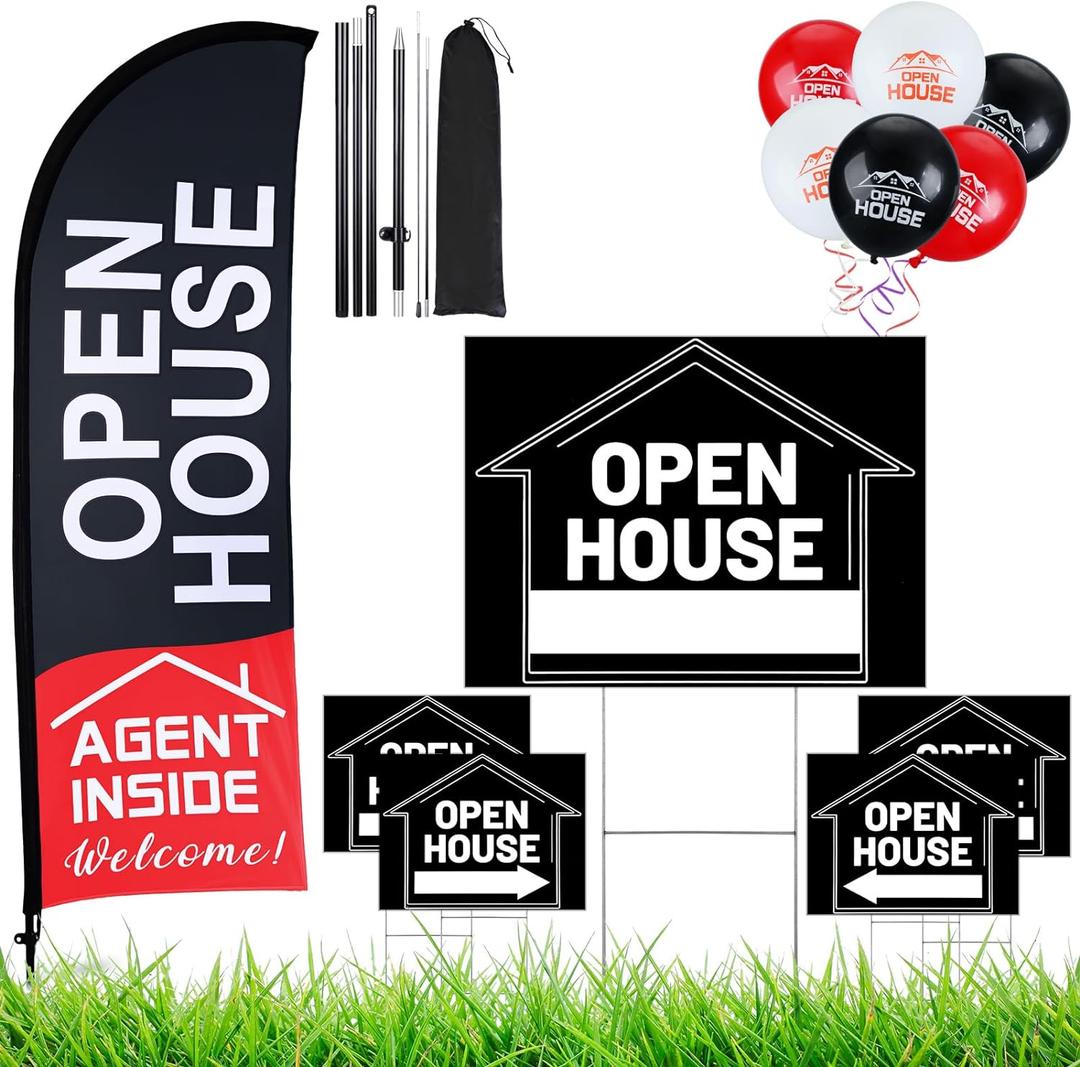 Buryeah Open House Signs Set (36 Pcs Total), 1 Open House Flag with Pole Kit for Yard, 5 Double Sided Real Estate Business Agent Directional Arrows Signs with Metal Stakes and 30 Balloons(Black)