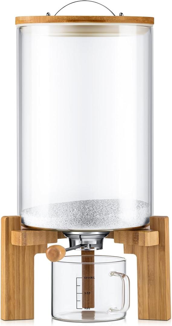 Tioncy 8L Flour and Cereal Glass Container Rice Oatmeal Dispenser Storage Container Cereal Food Storge Container with Airtight Lid Wooden Stand and Measuring Cup for Kitchen Organization Pantry Store