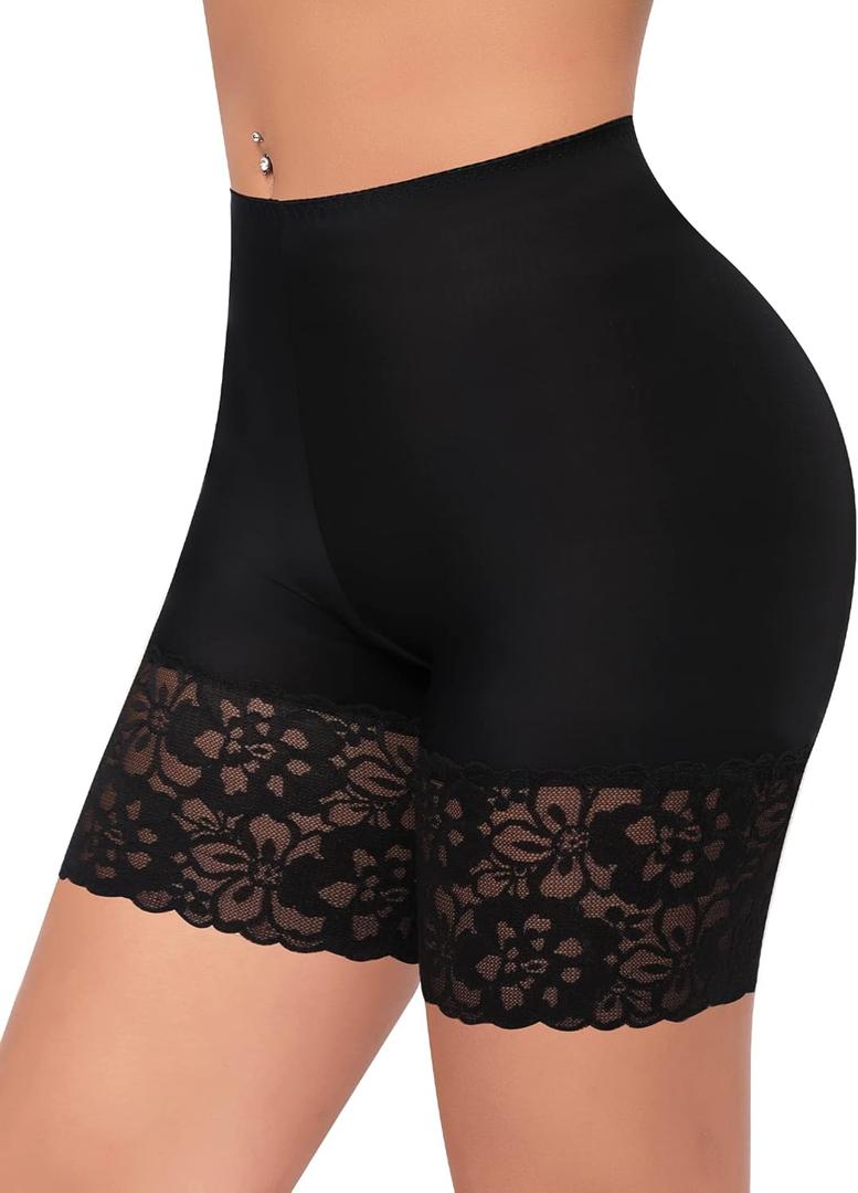 Slip Shorts for Under Dresses Women Anti Chafing Underwear Seamless Boyshorts Panties Lace Under Shorts (Black, L)
