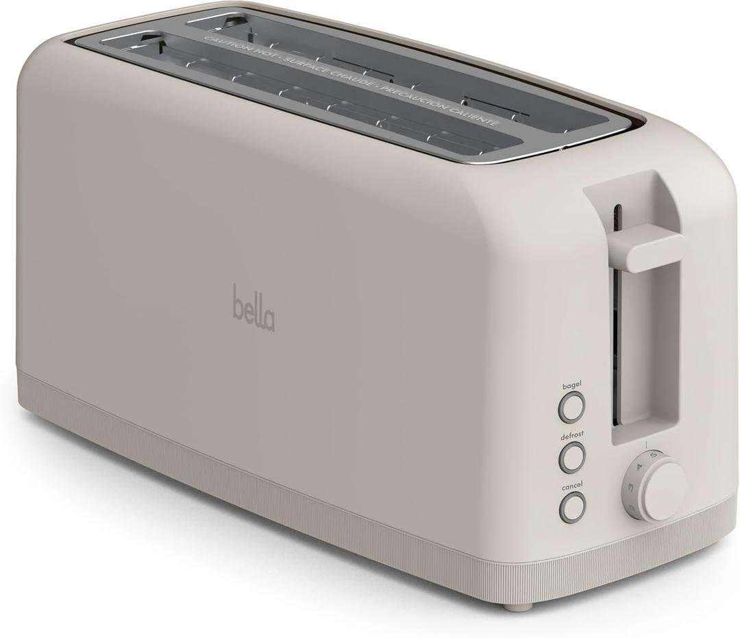 bella 4 Slice Slim Toaster, Fits-anywhere Kitchenware, 6 Setting Shade Control with Reheat & Cancel Buttons, Removable Crumb Tray, 10 Long Slot, Anti Jam & Auto Shutoff, 1400 Watt, Oatmilk