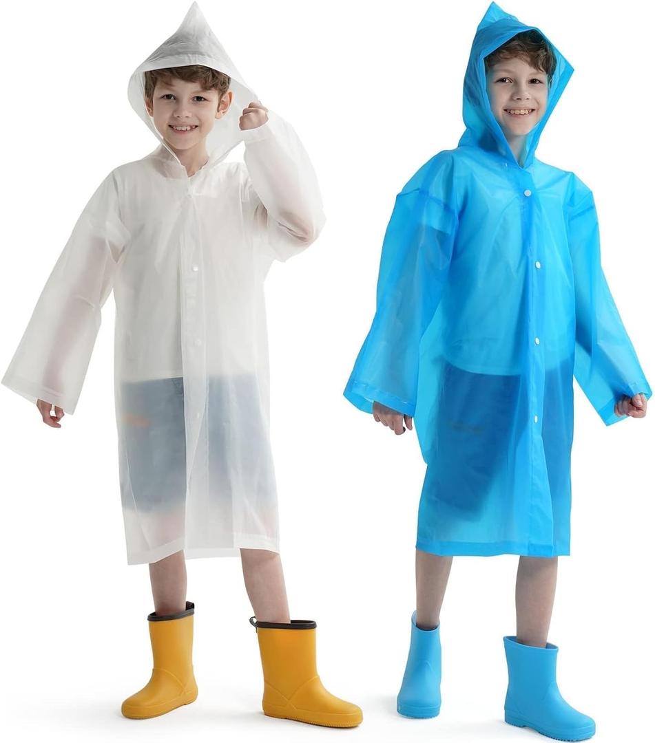 Opret 2 Pack Raincoats for Kids, Reusable Rain Ponchos with Hood and Sleeves Waterproof Rain Coats for Boys and Girls
