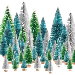 30Pcs Silver Green Artificial Mini Christmas Trees, Bottle Brush Christmas Trees with Wooden Base, Miniature Small Xmas Trees for Christmas Party Home Table Crafts Indoor Winter Decoration