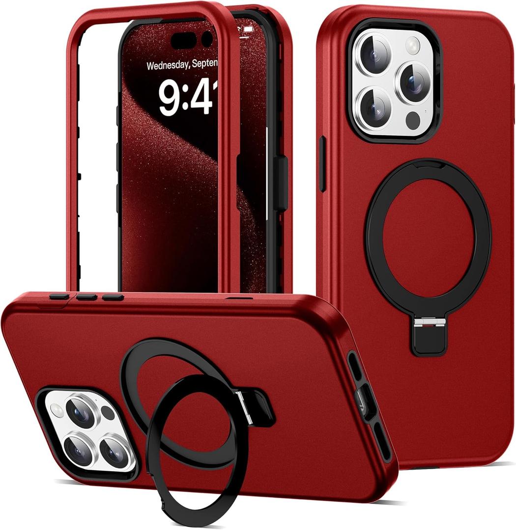 Compatible with iPhone 15 Pro Case 6.1''with Magnetic Ring Stand [Military Drop Protection][Compatible with Mag-Safe] Shockproof 15 Pro Phone Case for Men Wowen,Red