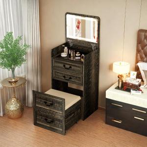 FONTOI 3 in 1 Vanity Desk, LED Vanity Desk with 3 Drawers, Farmhouse Vanity with Mirror and Lights, Compact Makeup Table with Charging Station & Hidden Chair for Bedroom, Brown, 15.75 inches x 19.68 inches x 36.02 inches