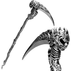 Spooktacular Creations Halloween Grim Reaper Scythe, Sin Scythe Cane Tool Toy Weapons for Kids Women Men Halloween Cosplay Party, Silver Skeleton Skull Staff for Dress Up Party Props