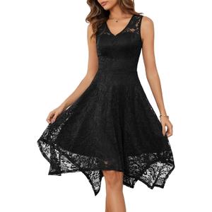 Meetjen Women's Cocktail Party Dresses 2026 Handkerchief Hem Lace Formal Wedding Guest Bridesmaid Fancy Prom Dress (Black), Large