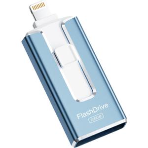 MFi Certified 256GB Flash Drive for iPhone, 3 in 1 Type-C USB Memory Stick Thumb Drive for Photos Videos, High Speed External Memory Storage Photo Stick for iPhone iPad Android PC (Blue)