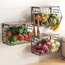 Delamu 3 Pack Stackable Metal Fruit Basket with Wood Lid-Wall Mounted&Countertop Organizer for Kitchen,Pantry- Ventilated Storage for Onions, Potatoes, Fruits, Spices, Black