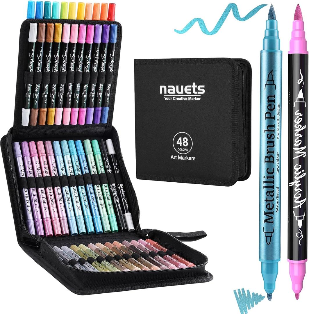 nauets 48 Pack Metallic & Acrylic Paint Markers Set - 24 Colors Acrylic + 24 Metallic Markers, Dual Tip Paint Pens with Brush/Fine Tip for Paper, Rock, Wood, Canvas, Glass, Ceramic DIY Crafts