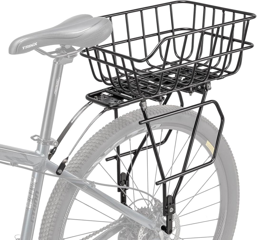 CXWXC Rear Bike Rack with Basket - Bike Cargo Rack for Disc Brake/Non-Disc Brake Mount - Bicycle Pannier Rack, Touring Carrier Rack fit 26-29 and 700c