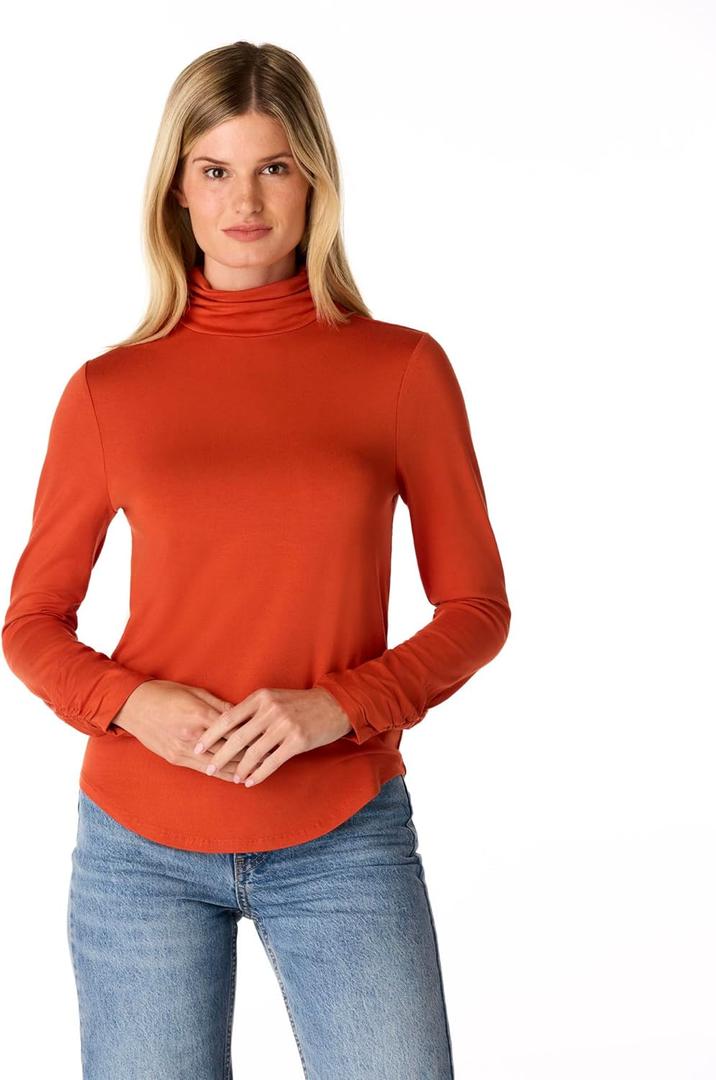 Cable & Gauge Women's Long Sleeve Ruched Turtleneck - Soft Layering Top, Stylish Collared Design, Warm & Versatile Winter Essential - Burntochre - XS