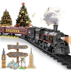 Electric Train Sets for Boys Girls Metal Alloy Christmas Trains Toys Steam Locomotive, Passenger Carriages, Tracks, Light & Sounds Rechargeable Birthday Gifts for Kids 3 4 5 6 7 8 + Years Old Red …