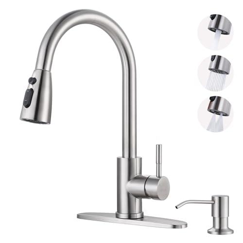 WOWOW Kitchen Faucet: 304 Stainless Steel Kitchen Sink Faucet with Pull Down Sprayer 3 Modes, Single Handle High Arc Mixer Taps for Sink, RV, Laundry, Bar (Brushed Nickel)