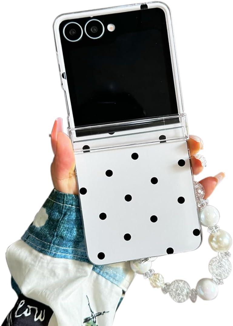Woman Cute Wristband Case for Samsung Galaxy Z Flip 7 Spotted Design, Kawaii Girls Hinge Protection Cover with Charm, Dots Lovely Strap Case for Galaxy Z Flip 7 -White