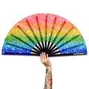 Raveahem UV Glow Rave Fan, Bamboo Folding Clack Hand Fan for Men Women (Glitter Rainbow, Large 13")