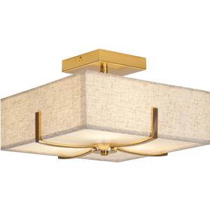 Modern Semi Flush Mount Ceiling Light Fixture, 12" Drum Fabric Linen Shade, Gold Square Design for Bedroom, Living Room, Dining Room, Kitchen - Stylish Flush Mount Ceiling Light