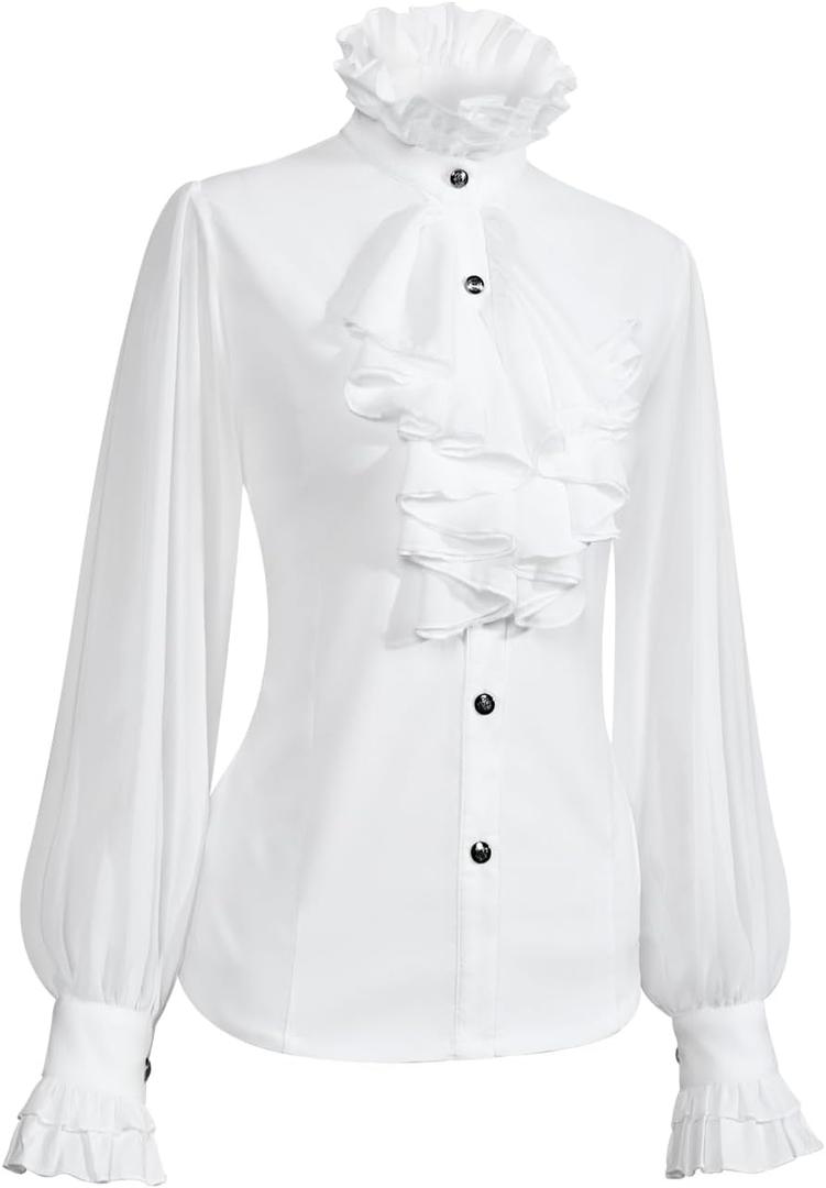 Womens Victorian Vintage Long Sleeve Shirt Ruffle Stand Collar Blouse Medieval Gothic Tops (Small, White)