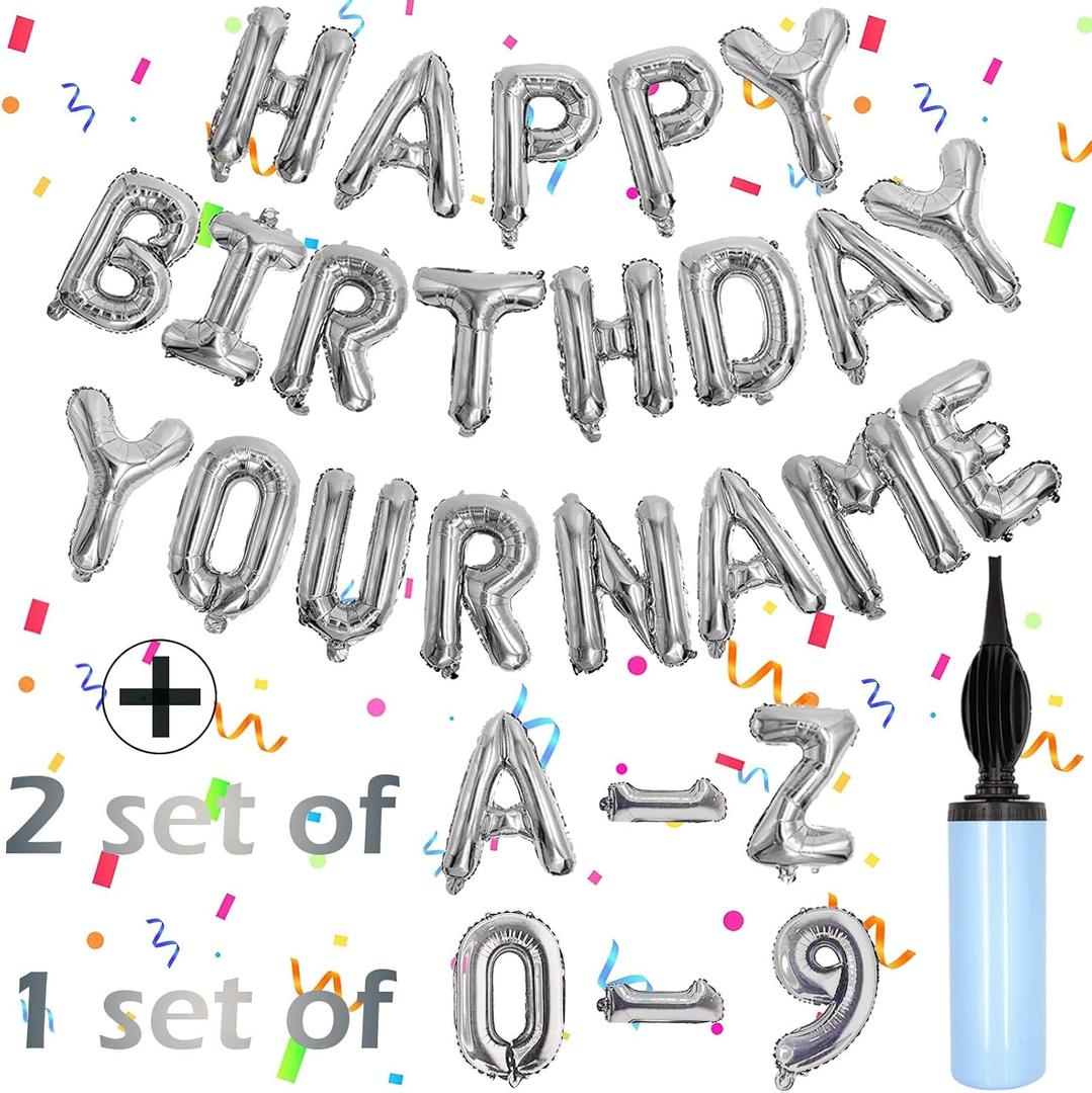 76pcs Happy Birthday Balloon Banner, Silver Balloons Letters, Personalized 16" Mylar Foil Birthday Decorations includes 2 Sets A- Z, 1 Set Number 0-9 And "HAPPY BIRTHDAY" letters (with Balloon Pump)