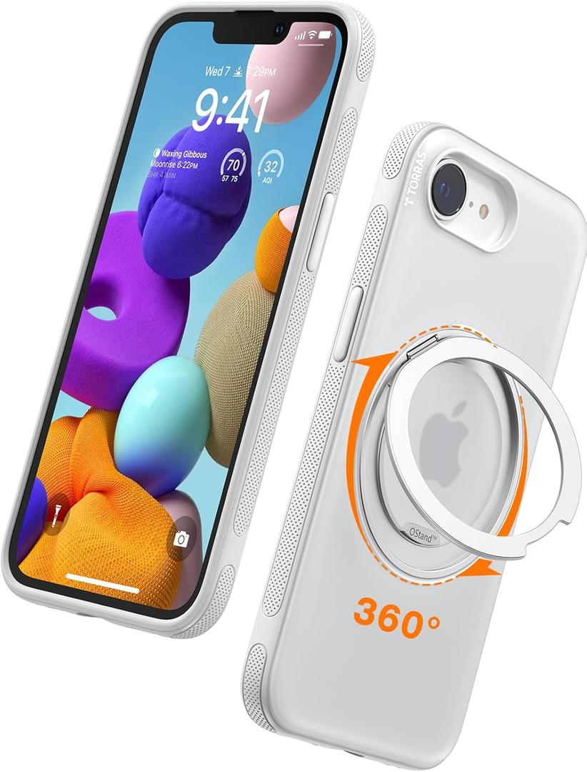 TORRAS 360 Rotating Magnetic Stand for iPhone 16e Case 2025 with Kickstand [Fit for Magsafe] [Military-Grade Protection] Durable, Enhanced Grip, Slim, Ostand Fitness Series, White 6.1"